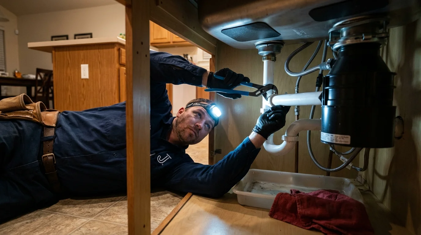 P-trap and supply line connections under a kitchen sink showing a common leak point in Tyrone, PA